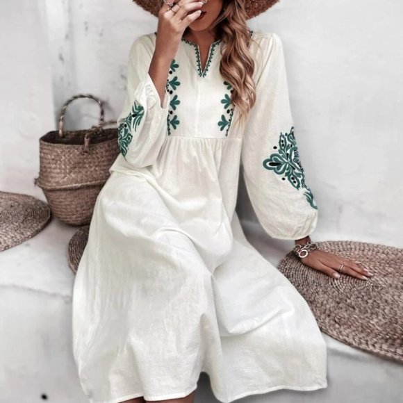 undefined Dresses & Skirts - beige Floral Embroidery Notched Neckline Lantern Sleeve Dress